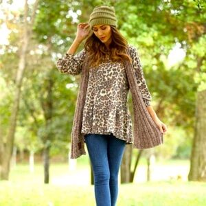 CREPAS Small O'Neck Brown Cheetah Print Ruffle Hem Babydoll Cuff Sleeve Top